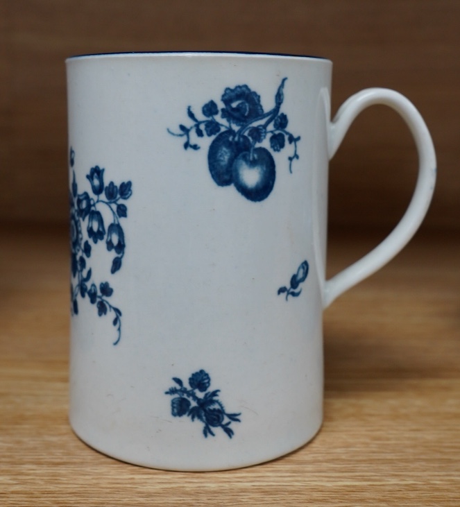 A Worcester blue and white porcelain mug, c.1775, 11.5cm high. Condition - fair to good.